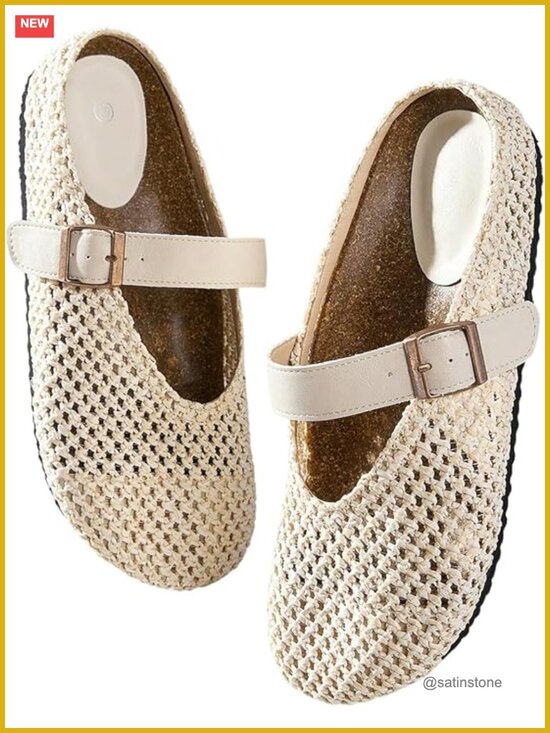 Shoes - Crochet Mules Clogs Flat Cork Footbed Adjustable Buckle Slip-On Summer Sandals
